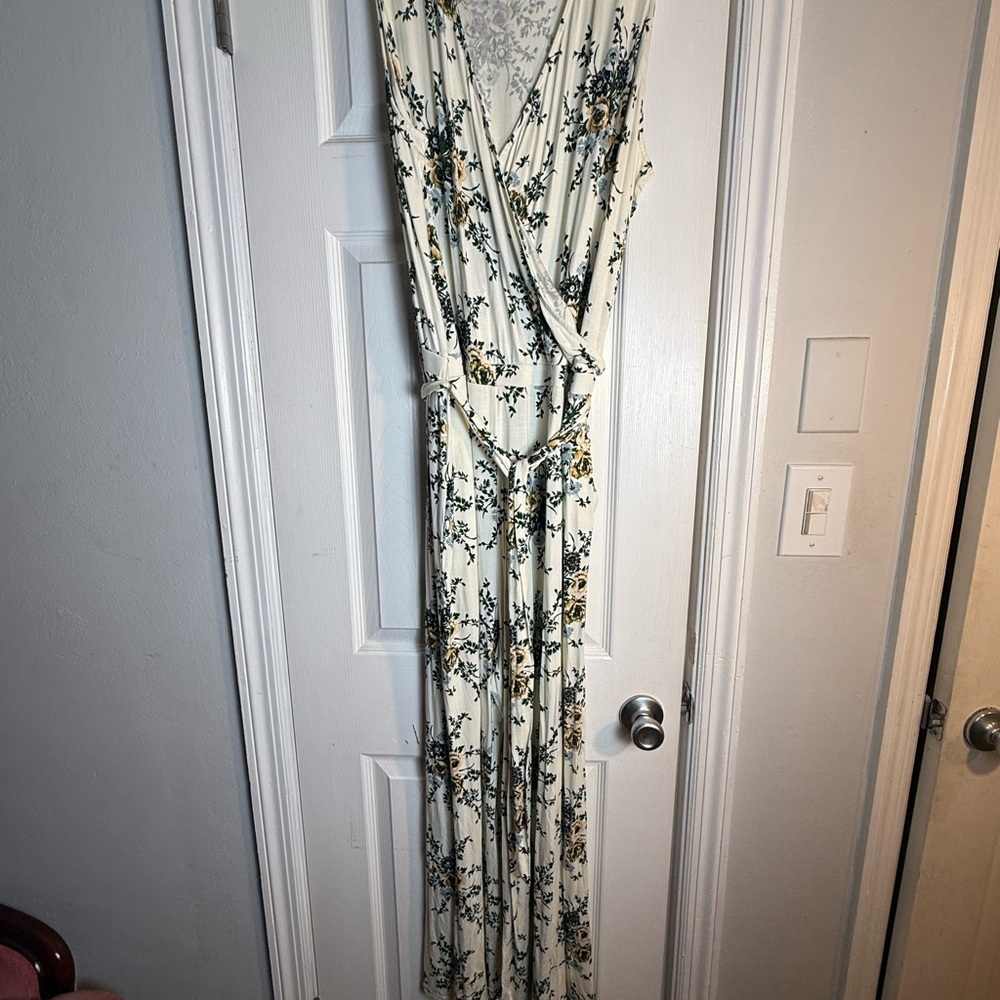 Laurie Felt White and Green Wrap Tie Front Maxi Jumpsuit